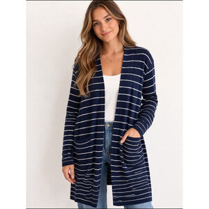 Life Is Good Blue W/white Stripes Tunic Length Open Front Cardigan 2 Pockets